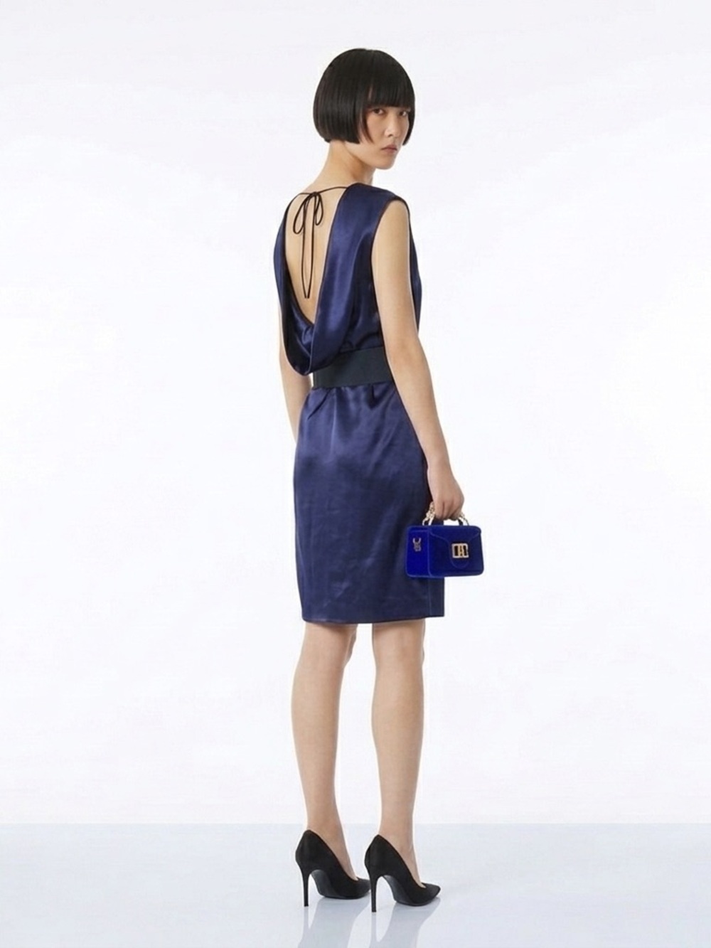 Lanvin Blue Silk Blend Scoop Neck Bare Back Sheath Dress Quiet Luxury Classic